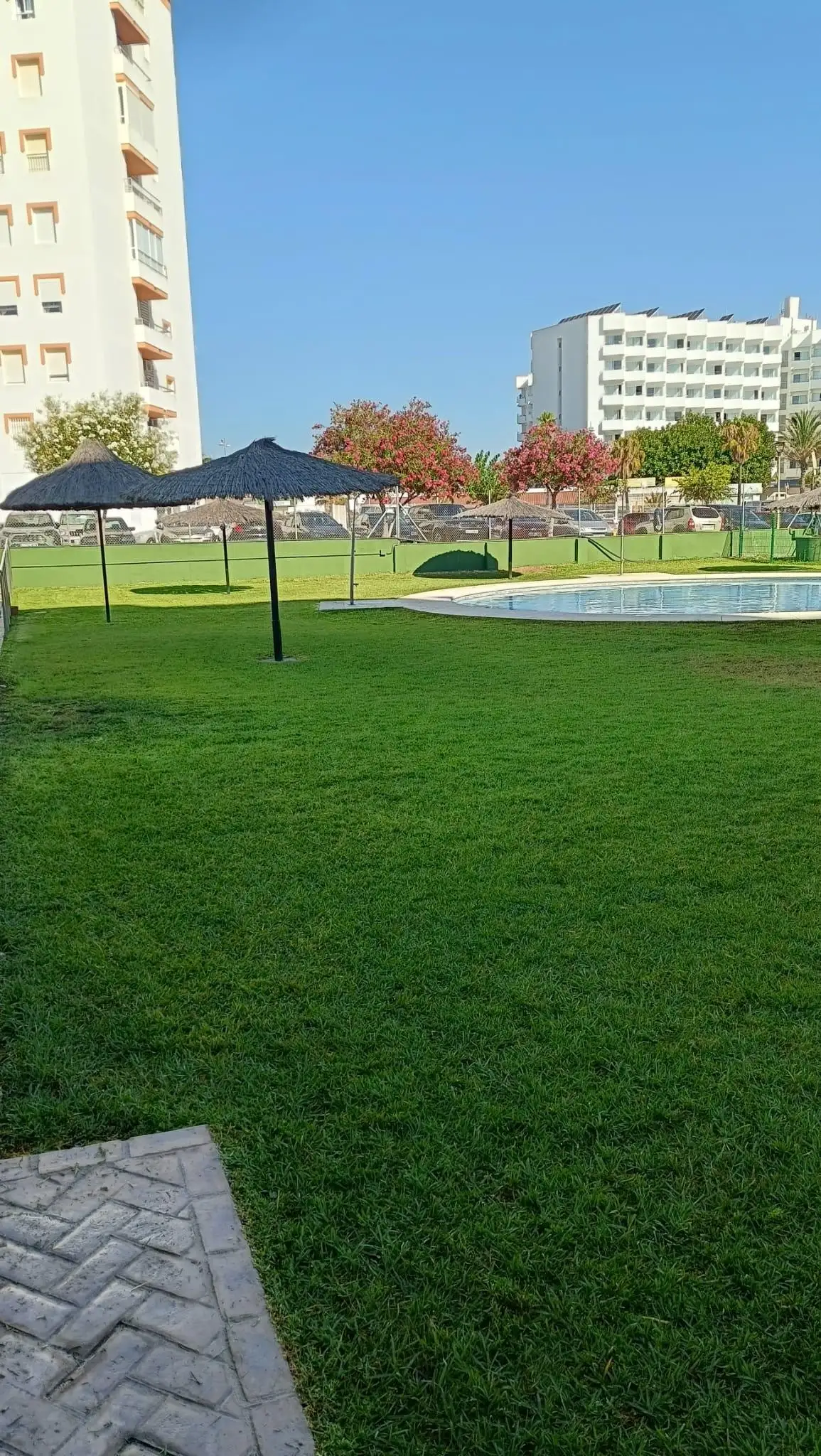 Piscina y pradera de césped de una comunidad de viviendas en un día despejado