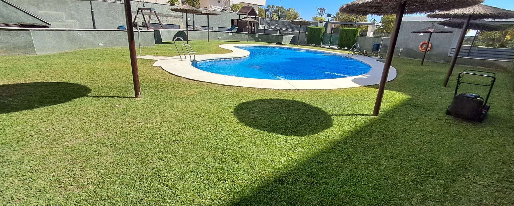 Piscina de una comunidad rodeada de césped recién cortado