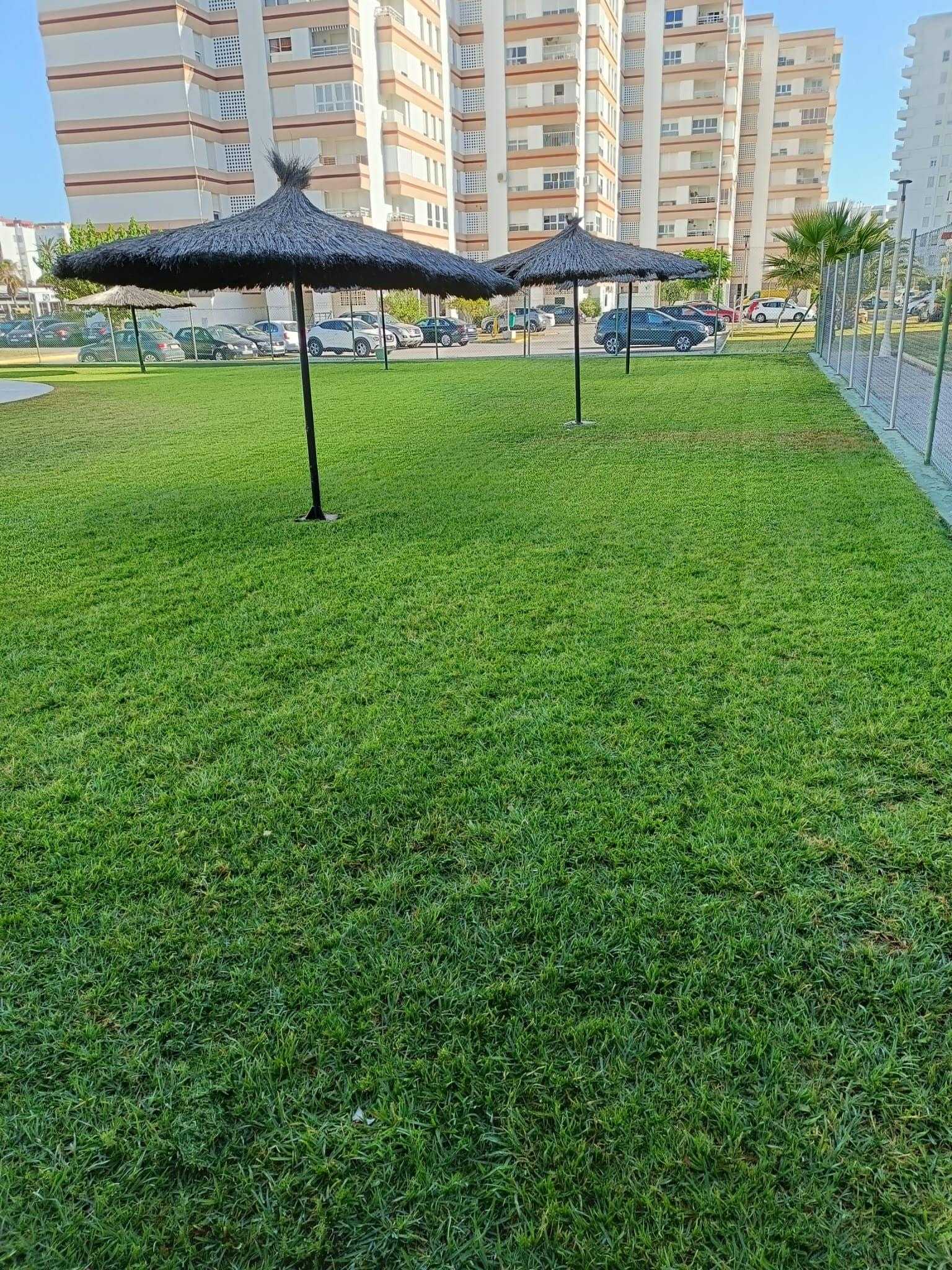 Zona común de una urbanización con sombrillas de brezo y césped cuidado